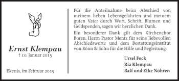 Traueranzeige von Ernst Klempau von Schleswiger Nachrichten
