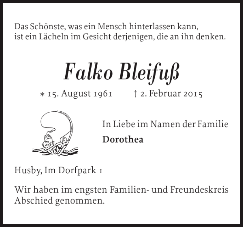  Traueranzeige für Falko Bleifuß vom 07.02.2015 aus Flensburger Tageblatt