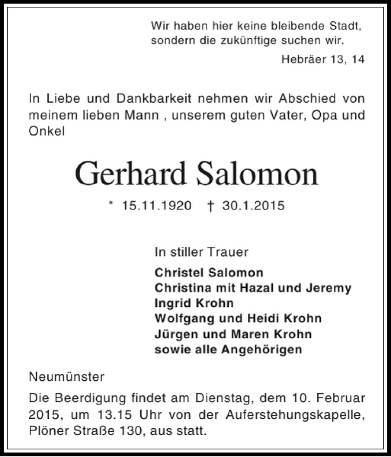  Traueranzeige für Gerhard Salomon vom 06.02.2015 aus Holsteinischer Courier