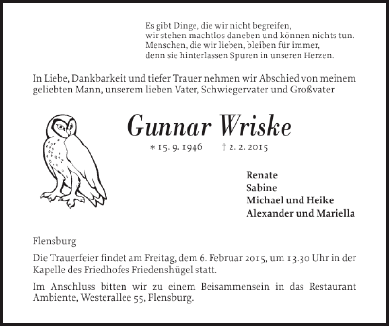  Traueranzeige für Gunnar Wriske vom 04.02.2015 aus Flensburger Tageblatt
