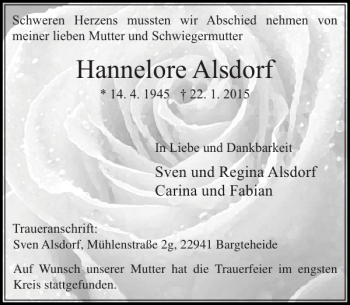 Traueranzeige von Hannelore Alsdorf von Stormarner Tageblatt