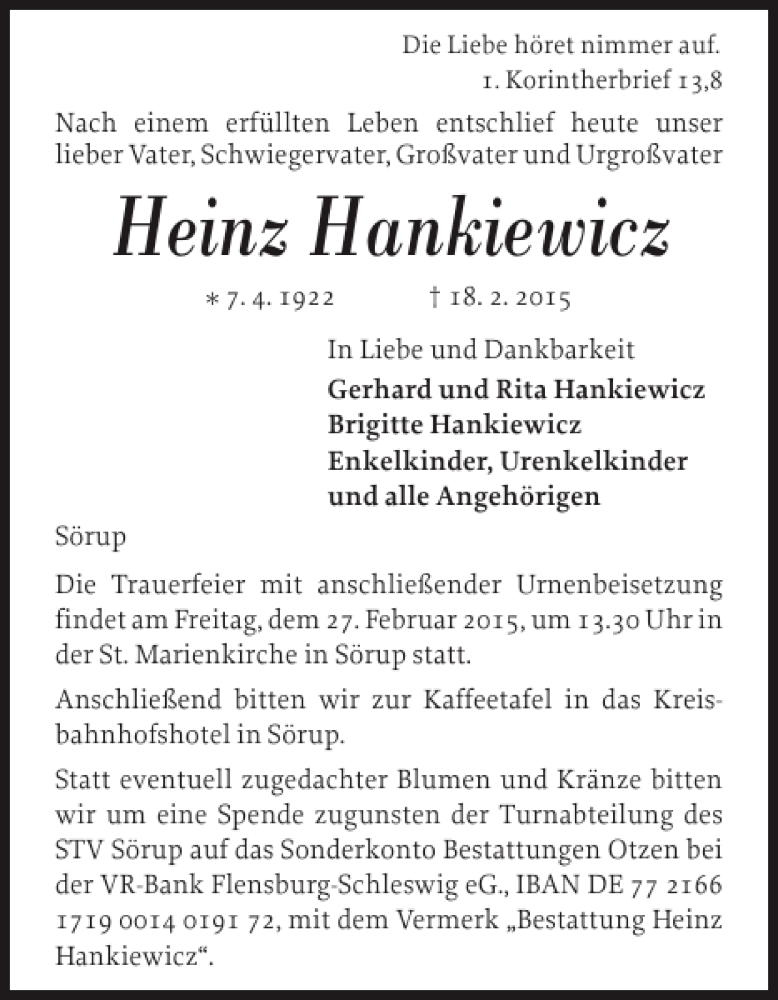  Traueranzeige für Heinz Hankiewicz vom 21.02.2015 aus Flensburger Tageblatt