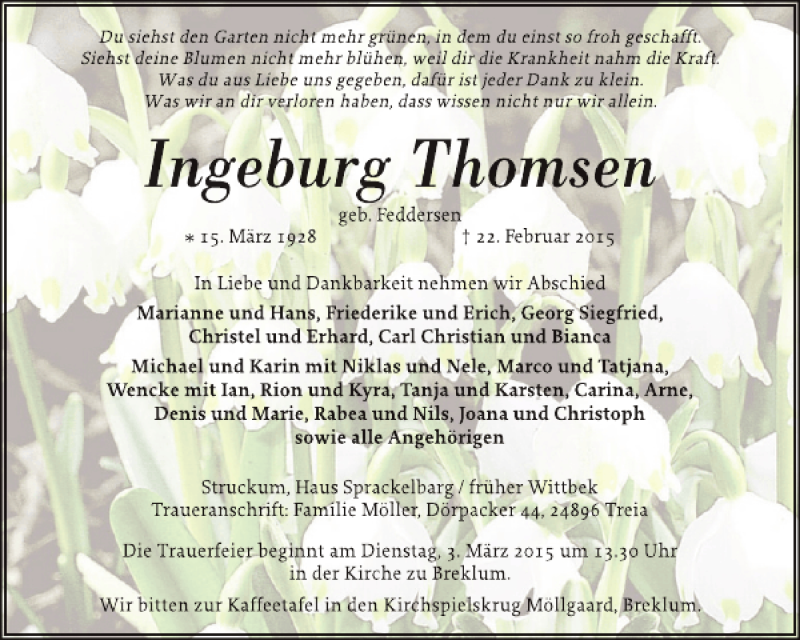  Traueranzeige für Ingeburg Thomsen vom 26.02.2015 aus Husumer Nachrichten