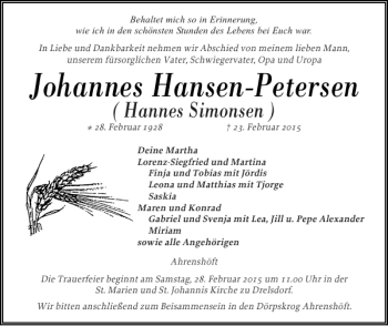 Traueranzeige von Johannes Hansen-Petersen von Flensburger Tageblatt