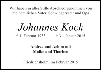 Traueranzeige von Johannes Kock von Landeszeitung