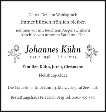 Traueranzeige von Johannes Kühn von Flensburger Tageblatt