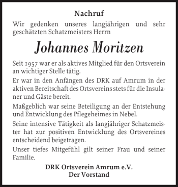 Traueranzeige von Johannes Moritzen von Der Insel-Bote