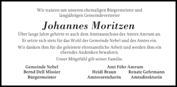 Traueranzeige von Johannes Moritzen von Der Insel-Bote