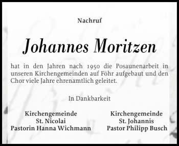 Traueranzeige von Johannes Moritzen von Der Insel-Bote