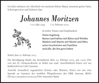 Traueranzeige von Johannes Moritzen von Der Insel-Bote