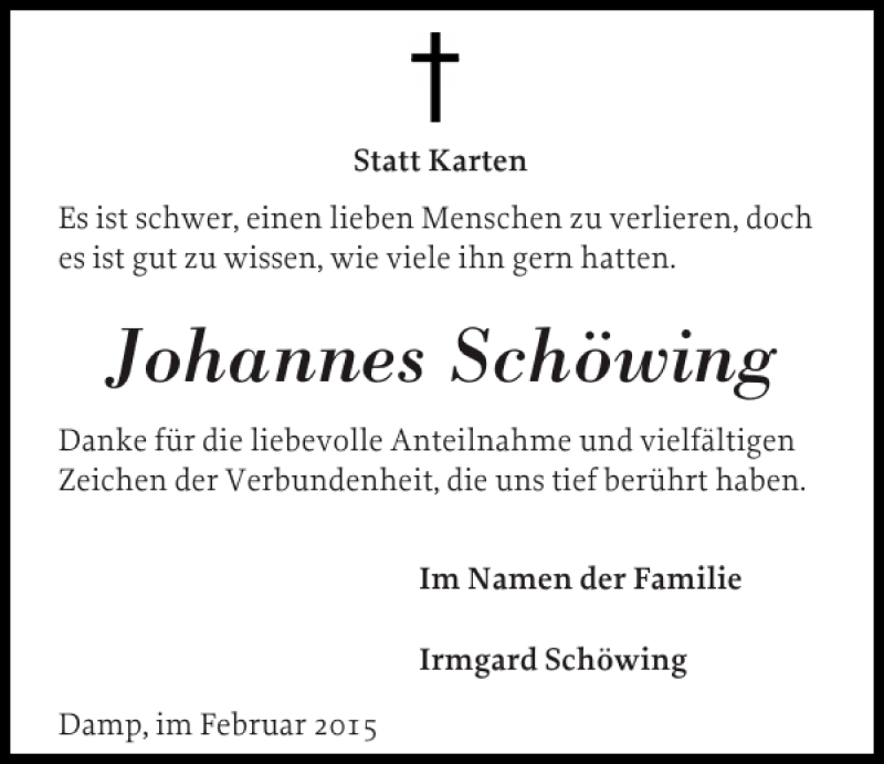  Traueranzeige für Johannes Schöwing vom 20.02.2015 aus Eckernförder Zeitung