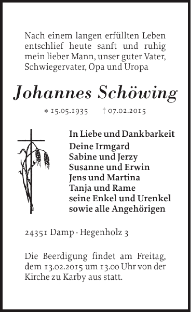  Traueranzeige für Johannes Schöwing vom 11.02.2015 aus Eckernförder Zeitung