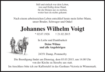 Traueranzeige von Johannes Wilhelm Voigt von Eckernförder Zeitung