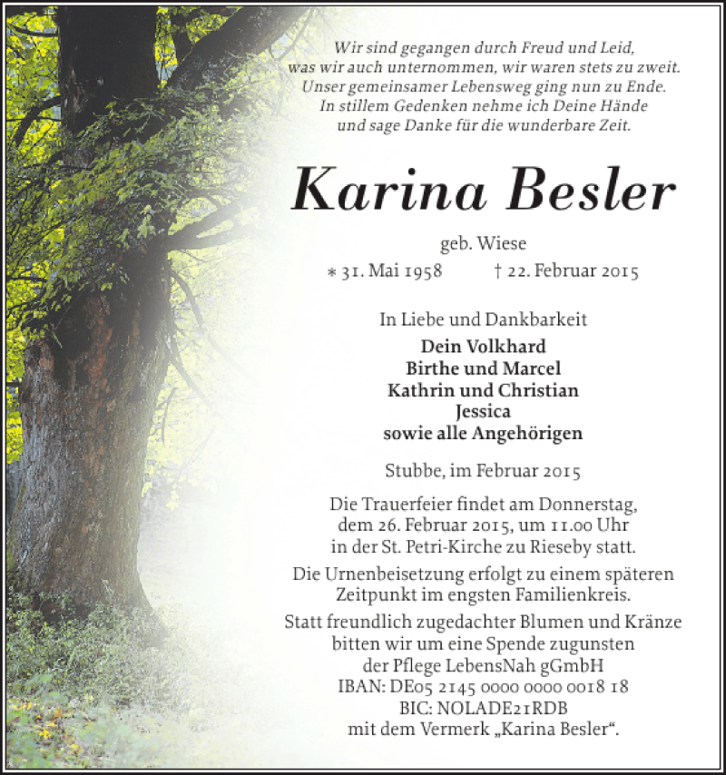  Traueranzeige für Karina Besler vom 24.02.2015 aus Eckernförder Zeitung