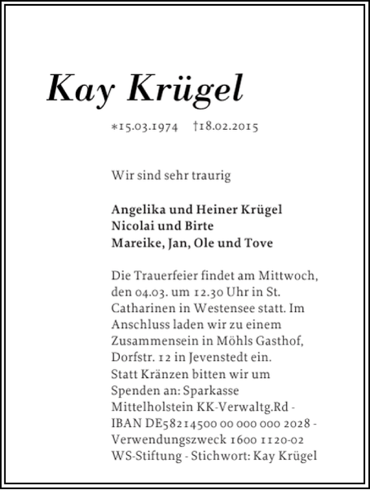  Traueranzeige für Kay Krügel vom 27.02.2015 aus Landeszeitung