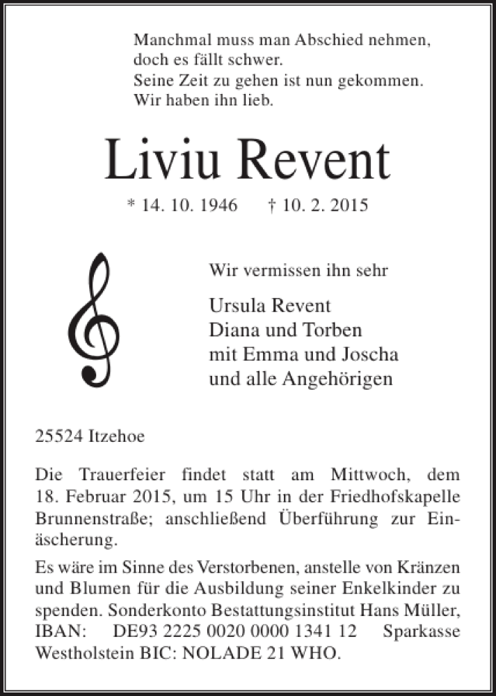  Traueranzeige für Liviu Revent vom 14.02.2015 aus Norddeutsche Rundschau