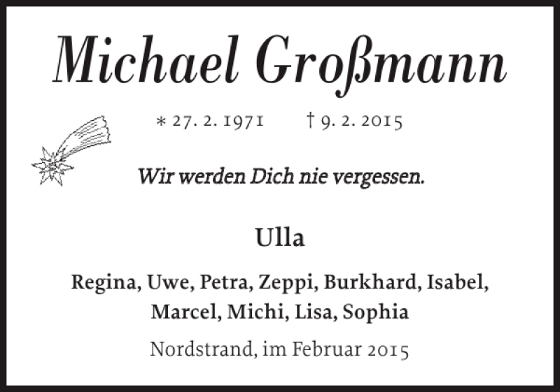  Traueranzeige für Michael Großmann vom 14.02.2015 aus Husumer Nachrichten