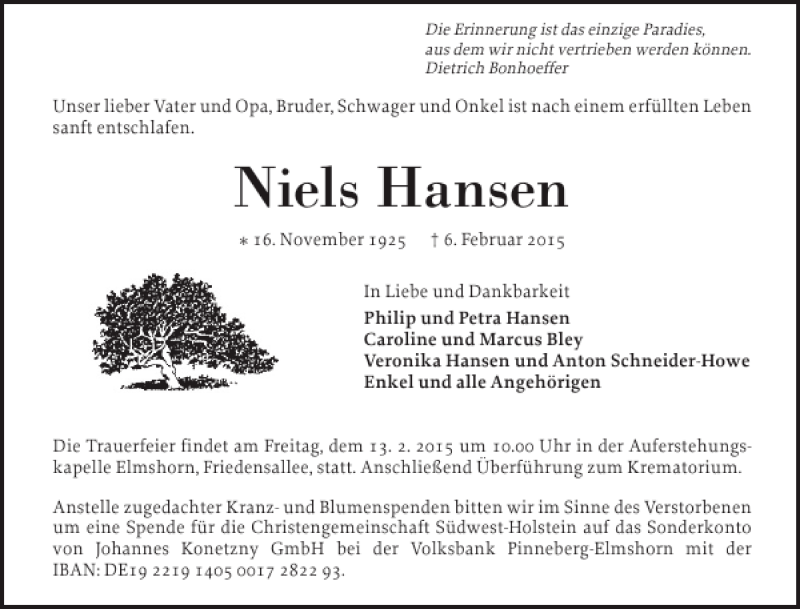  Traueranzeige für Niels Hansen vom 10.02.2015 aus Elmshorner Nachrichten
