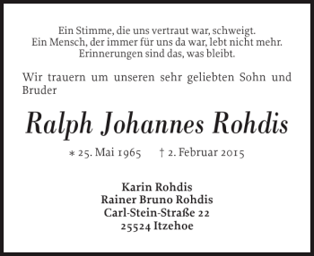 Traueranzeige von Ralph Johannes Rohdis von Norddeutsche Rundschau