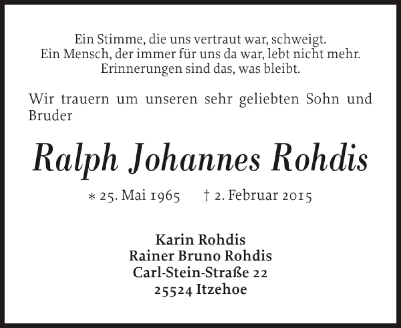  Traueranzeige für Ralph Johannes Rohdis vom 14.02.2015 aus Norddeutsche Rundschau