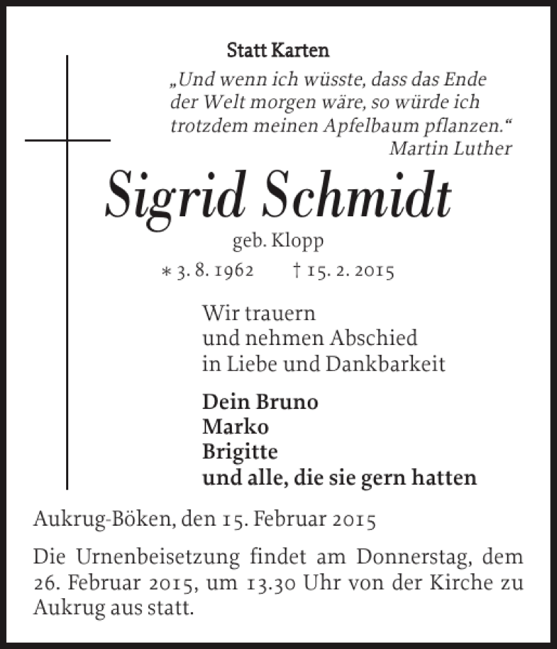  Traueranzeige für Sigrid Schmidt vom 17.02.2015 aus Landeszeitung