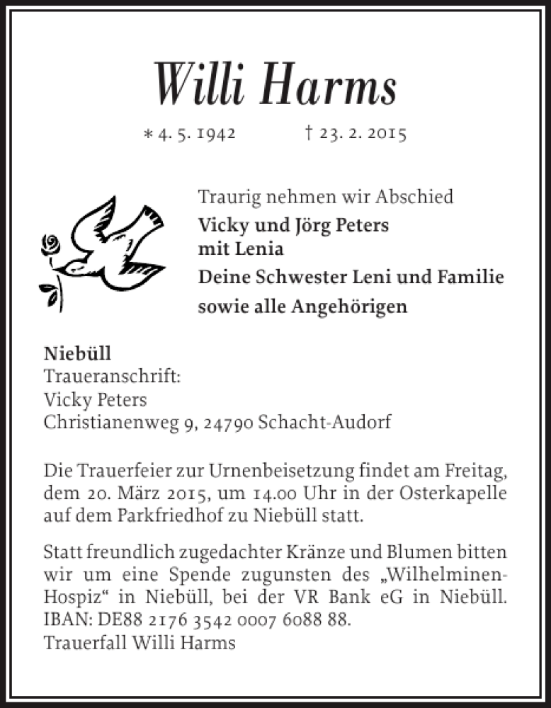  Traueranzeige für Willi Harms vom 27.02.2015 aus Nordfriesland Tageblatt