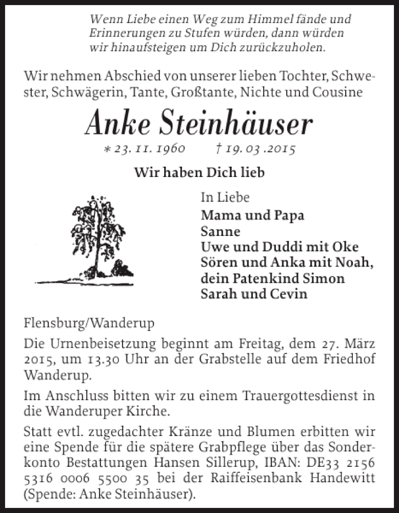  Traueranzeige für Anke Steinhäuser vom 24.03.2015 aus Flensburger Tageblatt