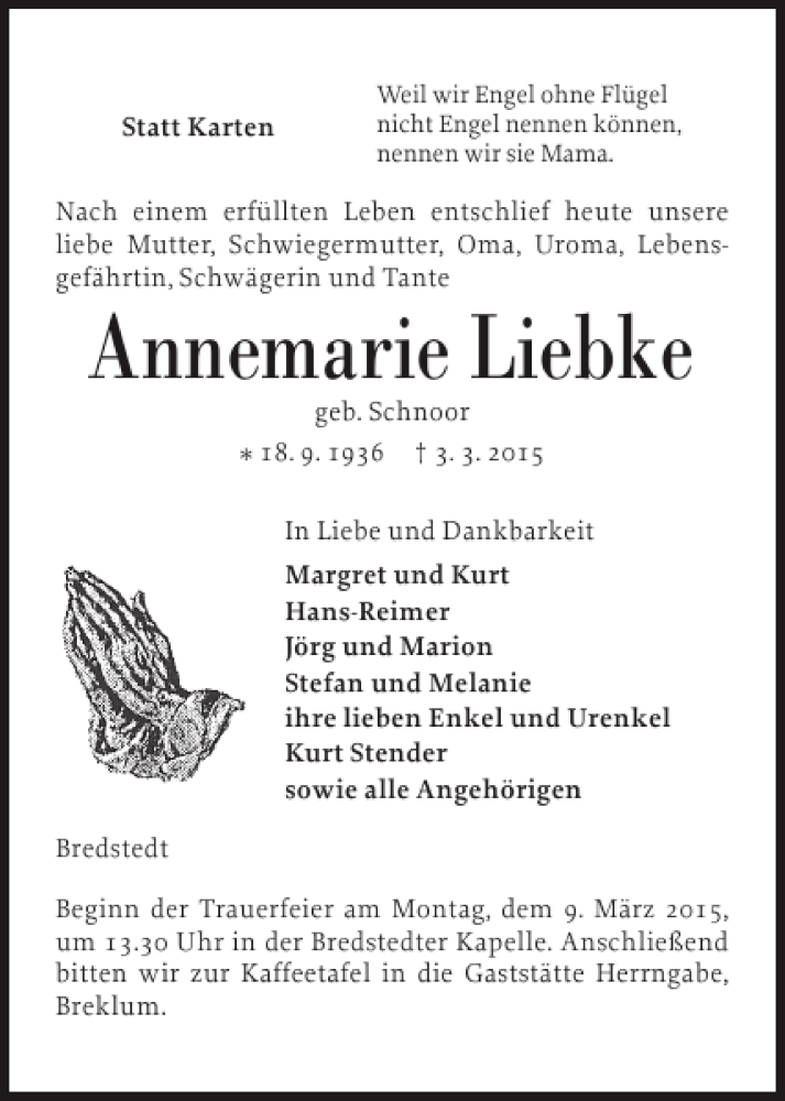  Traueranzeige für Annemarie Liebke vom 05.03.2015 aus Husumer Nachrichten