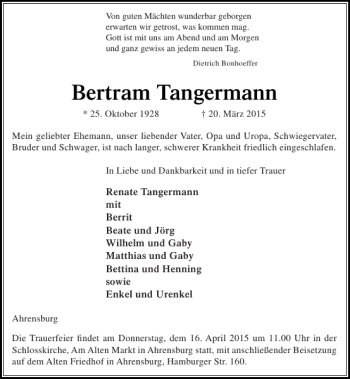 Traueranzeige von Bertram Tangermann von Stormarner Tageblatt