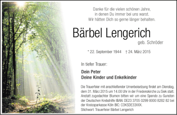 Traueranzeige von Bärbel Lengerich von Stormarner Tageblatt
