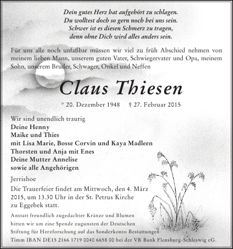  Traueranzeige für Claus Thiesen vom 02.03.2015 aus Flensburger Tageblatt
