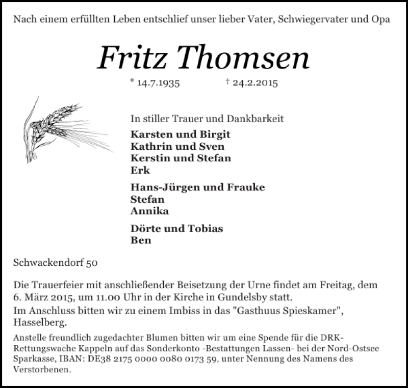  Traueranzeige für Fritz Thomsen vom 02.03.2015 aus Flensburger Tageblatt