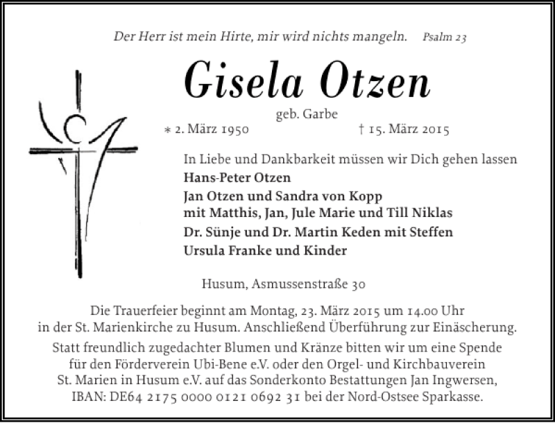  Traueranzeige für Gisela Otzen vom 18.03.2015 aus Husumer Nachrichten