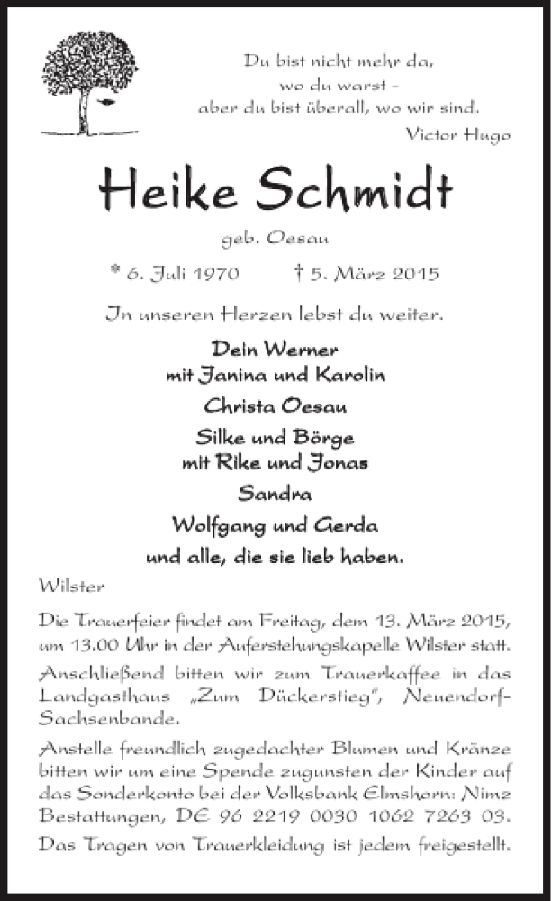  Traueranzeige für Heike Schmidt vom 10.03.2015 aus Norddeutsche Rundschau