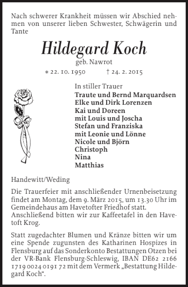  Traueranzeige für Hildegard Koch vom 03.03.2015 aus Flensburger Tageblatt