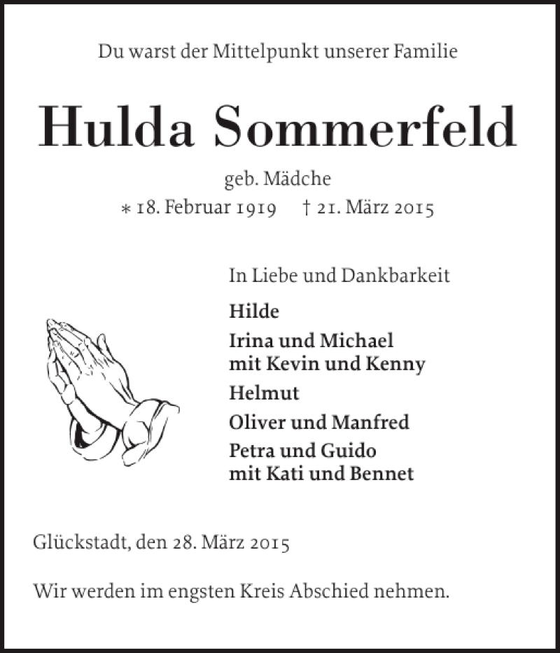  Traueranzeige für Hulda Sommerfeld vom 28.03.2015 aus Norddeutsche Rundschau