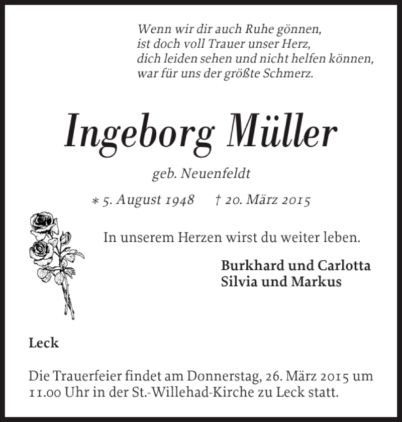 Traueranzeige für Ingeborg Müller vom 24.03.2015 aus Nordfriesland Tageblatt