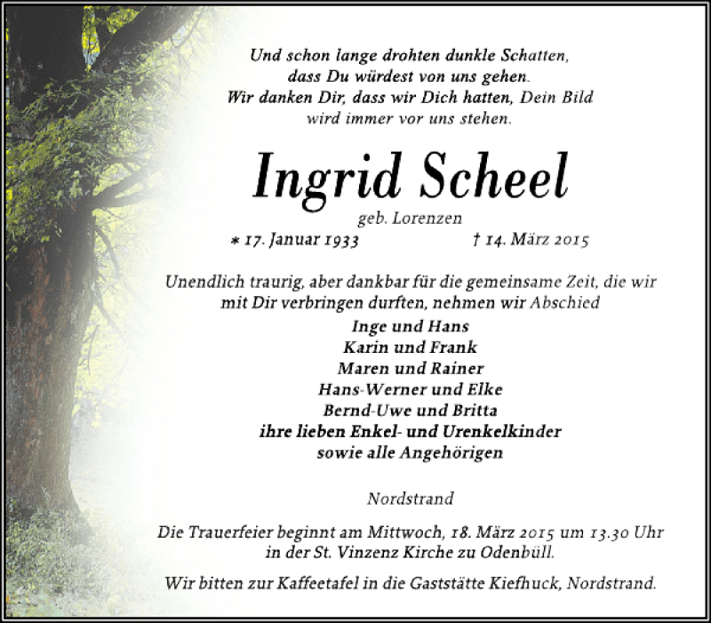  Traueranzeige für Ingrid Scheel vom 16.03.2015 aus Husumer Nachrichten