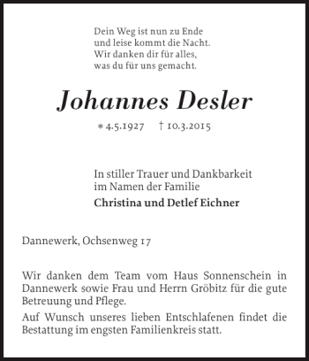 Traueranzeige von Johannes Desler von Schleswiger Nachrichten