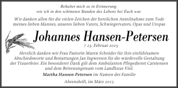Traueranzeige von Johannes Hansen-Petersen von Flensburger Tageblatt