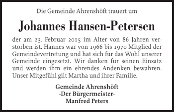 Traueranzeige von Johannes Hansen-Petersen von Husumer Nachrichten