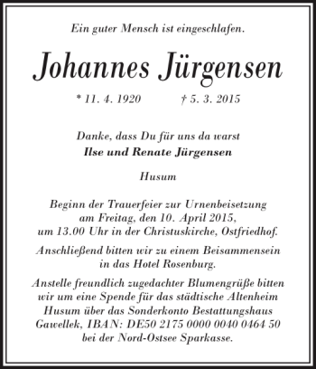 Traueranzeige von Johannes Jürgensen von Husumer Nachrichten