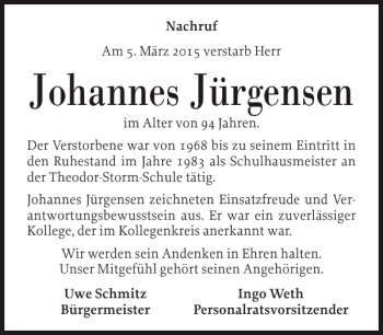 Traueranzeige von Johannes Jürgensen von Husumer Nachrichten