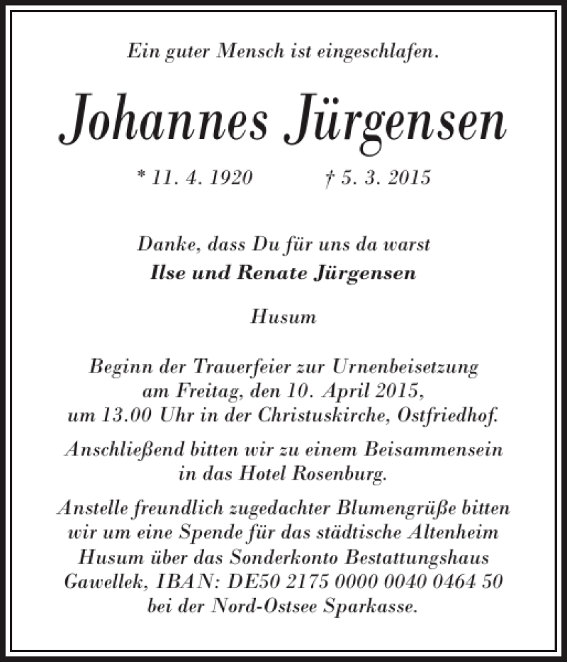  Traueranzeige für Johannes Jürgensen vom 14.03.2015 aus Husumer Nachrichten