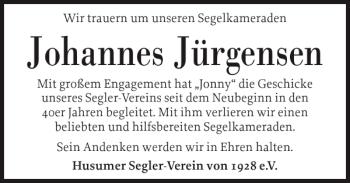 Traueranzeige von Johannes Jürgensen von Husumer Nachrichten
