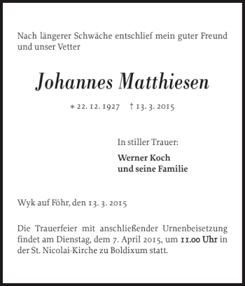Traueranzeige von Johannes Matthiesen von Der Insel-Bote