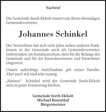Traueranzeige von Johannes Schinkel von Elmshorner Nachrichten