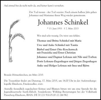 Traueranzeige von Johannes Schinkel von Elmshorner Nachrichten