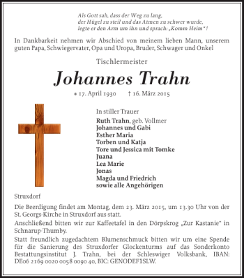 Traueranzeige von Johannes Trahn von Flensburger Tageblatt