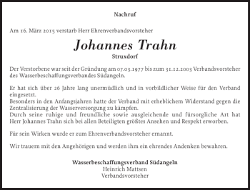 Traueranzeige von Johannes Trahn von Schleswiger Nachrichten